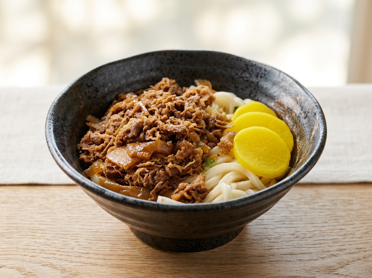 Gyudon beef udon bowl with pickled radish, plated in a dark ceramic bowl