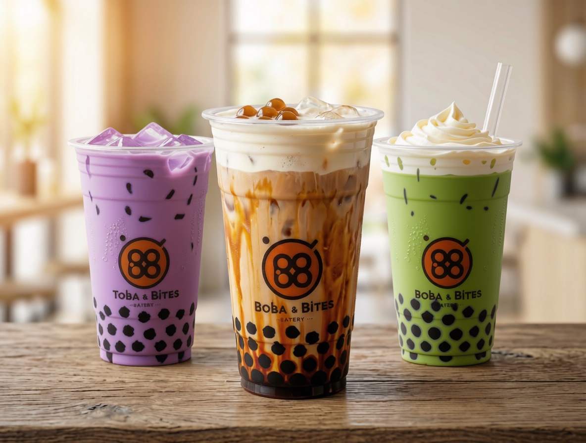 Three handcrafted Boba & Bites milk teas with boba on a cafe table